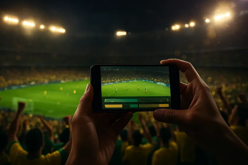 Torcida em estádio noturno com celular exibindo interface de apostas ao vivo