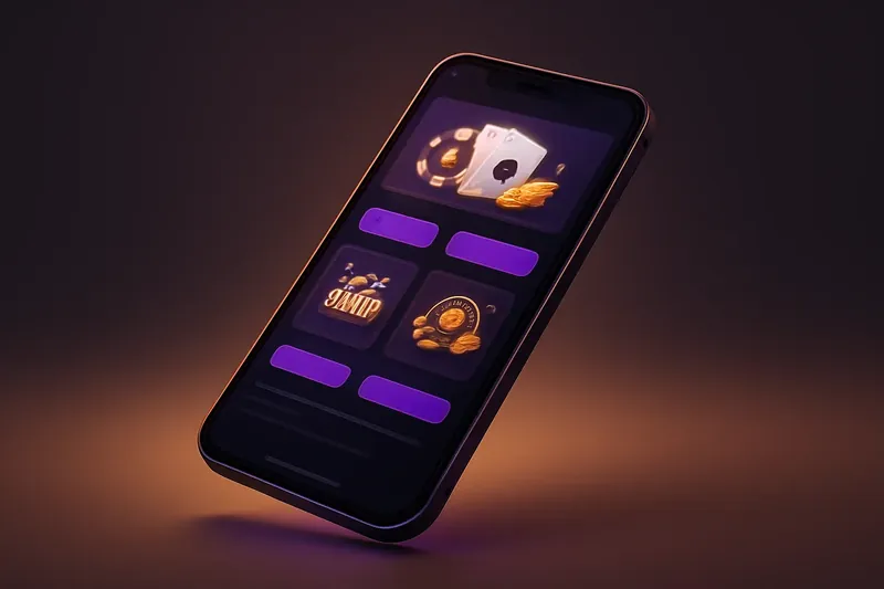 Smartphone moderno exibindo app de cassino premium com interface escura roxa