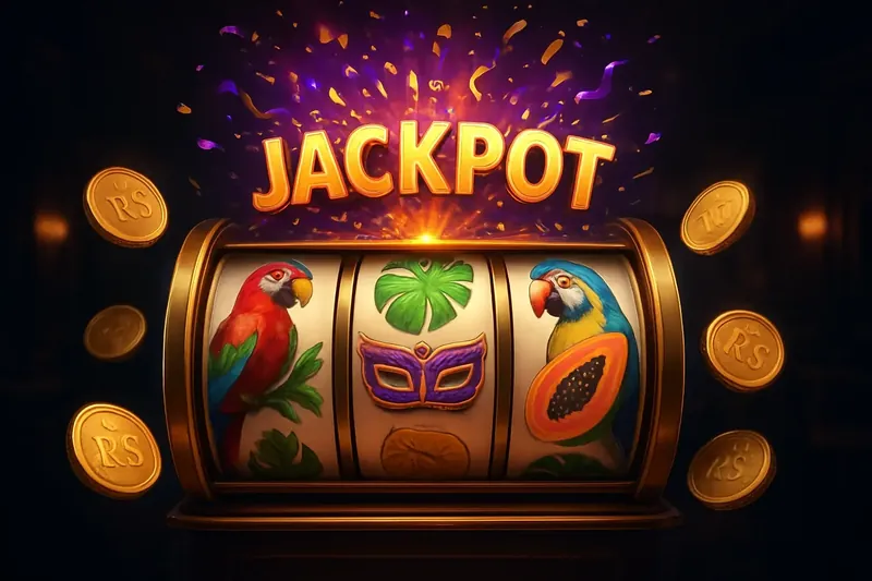 Cena vibrante de caça-níqueis brasileiro com símbolos tropicais e jackpot