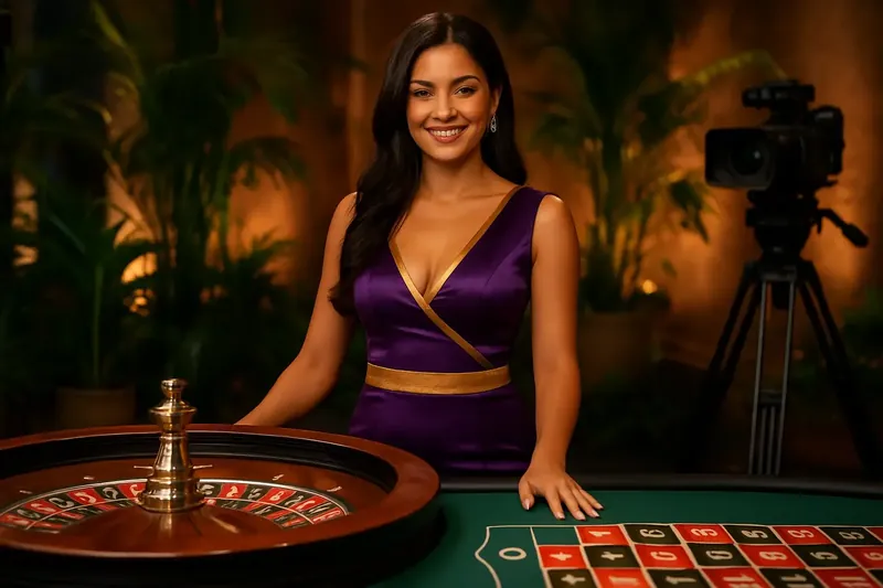 Dealer brasileira profissional na roleta ao vivo em estúdio luxuoso