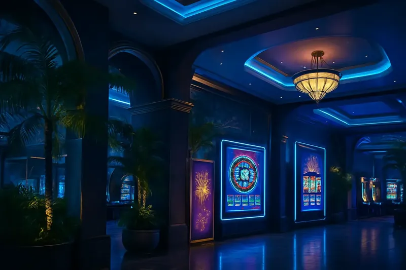 Lobby de cassino brasileiro com detalhes roxos, dourados e decoração tropical