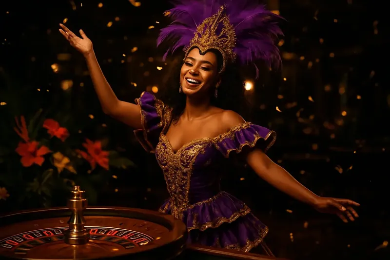 Mulher brasileira em traje carnavalesco celebra perto de mesa de roleta luxuosa