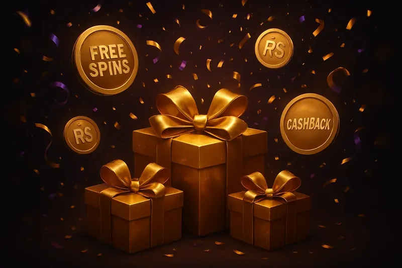 Caixas douradas, confetes, fichas grátis e símbolos do real brasileiro